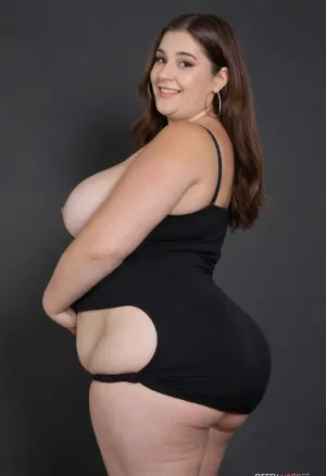 side view, Curvy gilf, looking at viewer, eye contact, portrait photo a ssbbw mature 60 year old woman, (obese:1.5), wearing a v-neck sleeveless spaghetti strap black maxidress, hourglass figure, wide, huge hips, large waist, narrow waist, saddlebags, round face, chubby cheeks, wrinkles, flushed cheeks, double chin, big eyes, long hair, brunette hair with highlights, medium hair, big smile, mouth open, lips parted, big lips, teeth showing, perfect teeth, joyful smile, (solid blank black background), pokies, hoop earrings, (wrinkles), sagging, breasts, apart, hard nipples, bottomheavy, big, ass, huge, gigantic, thick, thighs, massive, <lora:bottomheavy_v1_sdxl_tags:.8>