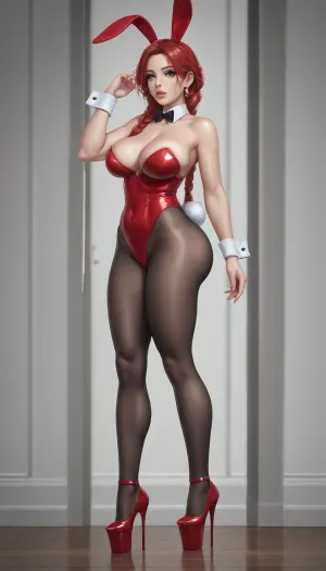 German woman, solo, a very very very long thick braid, red hair, full lips, thick lips, huge chest circumference, red bunnysuit, pantyhose, fake_rabbit ears, rabbit tail, wrist cuffs, platform_high_heels, flashy makeup, big hips, big ass, voluptuous, plump, curvy
