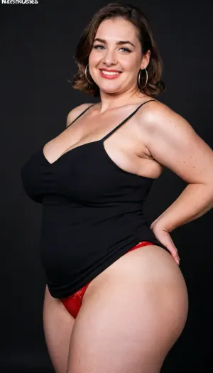 3/4 side view, Curvy gilf, (obese:1), looking at viewer, eye contact, portrait photo a ssbbw mature 65 year old woman, wearing a v-neck sleeveless spaghetti strap black dress, hourglass figure, huge hips, large waist, narrow waist, thighs, saddlebags, round face, chubby cheeks, wrinkles, flushed cheeks, double chin, big eyes, long hair, brunette hair with highlights, medium hair, big smile, mouth open, lips parted, big lips, teeth showing, perfect teeth, joyful smile, (solid blank black background), pokies, hoop earrings, (wrinkles), hard nipples, huge ass, chubby, ratio_wh, skin, texture, style, realism, detailed, <lora:the-ratio-hips-and-ass:1.3>, <lora:skin texture style v5:.8>, red panties