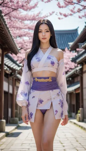 Nico Robin from one piece, with long black hair, fair skin, on wano country street, Surrounded by Japanese traditional style architectural buildings, sakura trees, bright sun lighting, striking facein photo 8k, photos taken by hasselblad + incredibly detailed, sharpen, details + professional lighting, photography lighting + 50mm, 80mm, 100m + lightroom gallery + behance photographies + unsplash