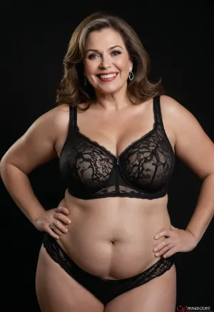 Curvy gilf, looking at viewer, eye contact, portrait photo a ssbbw mature 65 year old woman, wearing a v-neck sleeveless lace black lingerie, hourglass figure, huge hips, large waist, narrow waist, thighs, saddlebags, round face, chubby cheeks, wrinkles, flushed cheeks, double chin, big eyes, long hair, brunette hair with highlights, medium hair, big smile, mouth open, lips parted, big lips, teeth showing, perfect teeth, joyful smile, (solid blank black background), pokies, hoop earrings, (wrinkles), hard nipples, huge ass, chubby, ratio_wh, skin, texture, style, realism, detailed, red panties, pubic hair, <lora:the-ratio-hips-and-ass:.8>, <lora:skin texture style v5:.5>