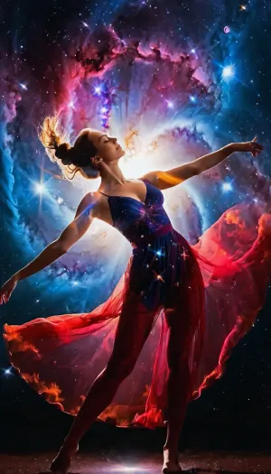 A full-length beautiful woman in a dynamic dance in the cosmic void, her form intertwined with the vibrant colors of stellar nebulae., (Double exposure technique:1.4), combines the beauty of the universe with the girl's appearance, Bright, glowing colors of nebulae, red, blue and purple hues, twinkling stars, smooth skin, calm expression, atmospheric details, vivid colors, dreamy atmosphere, detailed textures, High detail, 8K, masterpiece, photorealistic, rendered in Octane, ((double exposure:1.5)), Double, Exposure, style, of, <lora:Double_Exposure_5:1>