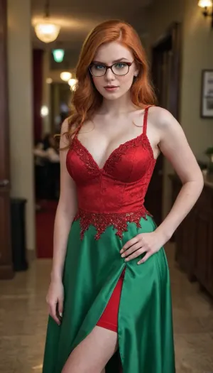 18 year old cute prom girl with gigantic breasts cleavage, light Red Hair, green eyes, Glases, sensual lips, full Body visible, Red dress