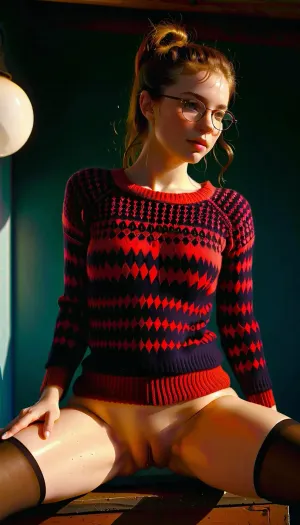 Young skinny Girl, view from front, looking at viewer, short curly brown hair, glasses with black rim, slim, (warm ambient light:.5), (shadows:1.4), RAW image, Canon EOS R3, DSLR photo, 8k, best quality, (realistic, photo-realistic:1), (8k, RAW photo, best quality, (intricate details), perfect eyes, (perfect face), perfect lighting, beautiful, (best quality:1.2), very cute elegant young girl with beautiful eyes, (firm medium breasted 2.5), ultra realistic skin, high detailed pores, horny expression, stunning, sexy, innocent, hot, loving face, very cute loving smile, open mouth, (sport ponytail with sidelocks:1.2), (raised nasal tip, upturned button nose, upturned nose, delicate nose, nose), gymnastics ass, gymnastics legs, gymnastics steps, gymnastic hands, high cheekbones, small lips, almond-shaped bold and vibrant look, blush, blushed, blushing, very much blush on the checks and nose, lots of freckles face, lots of freckles head, lots of freckles body, summer, detailed, eyes, perfect, freckles, skin, (standing), ((wearing colourful patterned, over hip-length woollen jumper)), ((wearing no panties and no pants)), ((hairy pussy)), ((Extremely detailed tights)), (naked waist), (Leg gap), (very slender body), wide Spread legs, (high heels platform latex boots), ((very hairy)), ((big bubble butt ass)), looking at viewer, outdoors, arched back, mooning), detailxl, revstanding, <lora:add-detail-xl:.5>, <lora:MJ52:.5>, <lora:boots:.5>, <lora:revsex_SDXL_1_:.8>