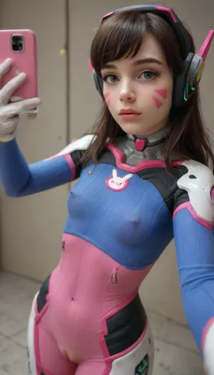 (((Best selfie pose))), close-up girl, upper body, (Very young petite girl:1.8), eye contact, (((cinematic film still Cinematic scene))), (((D.Va, Overwatch))), standing pose, detailed background, masterpiece, best quality, high quality, highres, absurdres, Guild Wars 2 . shallow depth of field, vignette, highly detailed, high budget Hollywood movie, bokeh, cinemascope, moody, epic, gorgeous, (film grain), grainy, erect nipples, ((cameltoe pussy)), 1girl, d.va, (overwatch), solo, long, hair, markings, (cutout bodysuit tight), brown, facial, mark, gloves, eyes, suit, headphones, white, medium, swept, bangs, skin, tight, print, bunny, ribbed, facepaint, (pink, lips), (dva:.8), ((wide hips)), Cyberpunk, (ultra realistic:1.3), (maximum quality:1.3), (high resolution:1.3), (extreme detail:1.3), (ultra realism:1.3), (maximum detailed skin:1.3), (((extremely long big thick black eyelashes))), (light pink makeup:1.7), (((blush))), (((shock))), (side view), (grey blue eyes), <lora:d.va_xl_v1:.8>, <lora:cybepunk:2>, <lora:MJ52:2>, <lora:Realism_Lora_By_Stable_yogi_SDXL8.1:2>, <lora:cfg_scale_boost:2>