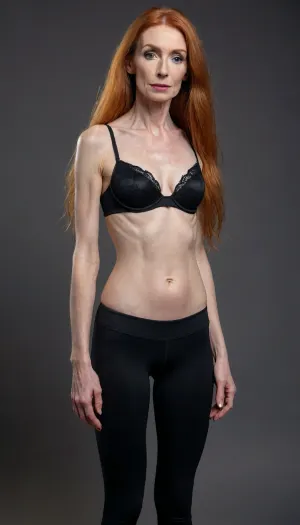 Full body view of a Very skinny 60 year old irish ginger woman with very long hair, long eyelashes, lots of makeup and lipstick wearing a black bra and black athletic leggings