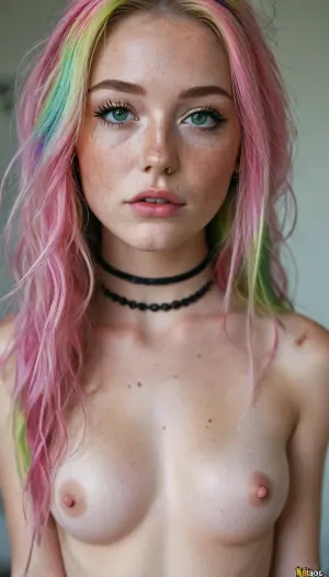 18 year old, long rainbow hair, black chocker, pink lipstick, nipple rings, belly ring, ripped revealing clothes, goth, small breasts, full body view from behind, long legs, tiny feet, Tinymodel, young, schoolgirl, pretty young, Young girls, perfect face, green eyes, cute, closeup, petite body, full body photo, beautiful face, fluxenh4nce, <lora:MJ52:.3>, <lora:FLUXEnh4nce:.8>, freckles, <lora:SdXL_better freckles_epoch_16:.8>, sucking, cock, <lora:cockteaseLoRASDXL:.8>