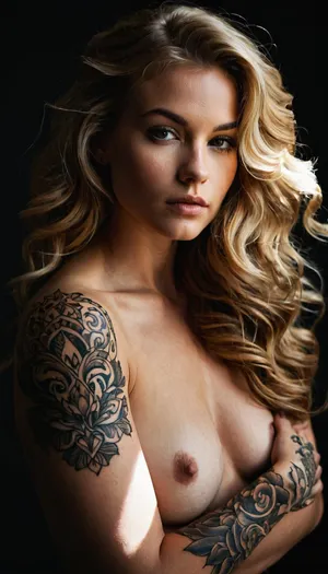 in Studio with lighting. portrait of a young, Caucasian woman. She is in her late 18 or early twenties, displaying a confident and alluring expression. Her pose is a three-quarter view, angled slightly towards the viewer, with her body turned to show off her physique. She is wearing dark wash, straight-leg jeans with a mid-rise waist. The lighting is dramatic, highlighting her features and creating a strong contrast between light and shadow. Her long, wavy blonde hair frames her face. Intricate, detailed tattoos adorn both arms, featuring swirling patterns and abstract designs. She is topless, with her hands resting gently on her chest. The focus is on showcasing her figure and tattoos. The image has a suggestive, almost gothic mood. The composition is centered on the figure. The perspective is a portrait view, emphasizing her form and details. The texture of the skin and hair is soft, though the tattoo designs have a distinct, intricate, graphic quality. The background is pure white. The style is contemporary, possibly inspired by dark fashion aesthetics, with an air of both rebellion and sensuality. The atmosphere is captivating and intense, evoking a mood of mystery and artistic expression.