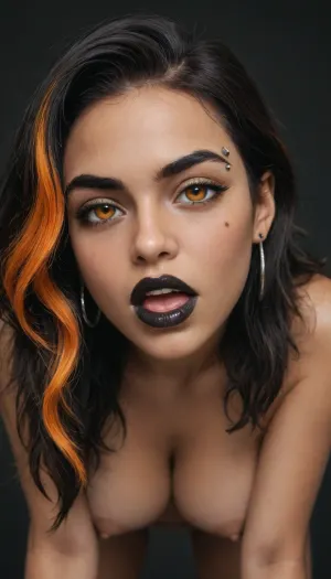 goth, (Indian:1.3), naked hottie, (orange eyes), long ringlet hairstyle, (black ombre hair:1.6), orange highlights, ((black lipstick)), goofy expression, thick nipples, interested face, cowgirl straddling, (leaning forward:1.4), large tits, (black background:1), front view, close up, Brown skin, mouth open, jade jewelry, (eyebrow raised:1.7)