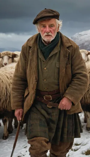 Painting of a proud Scottish mercenary 70 yo, in the Scottish highlands, (in winter:1.2), shepherds sheep, William McTaggart Style, Oil Painted Poetry, head over the shoulder, dancing, face visible, Cinematic, dramatic, <lora:William McTaggart Style:1>