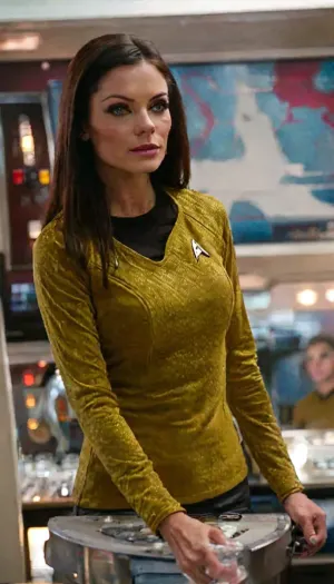 from Star Trek, (masterpiece), (realistic), portrait of a gorgeous slender busty Starfleet officer, eye contact, flirtatious smile, starship break room, full natural breasts, puffy erect nipples, elastic breasts, ((gold shirt)), black miniskirt, startrektos, dress, puffy, nipples, dark, ghost, wide, but, <lora:MJ52:2>, <lora:add-detail-xl:2>, <lora:TOSXL-000040:1>, <lora:Nipples XL:1.2>, <lora:BUT_SDXL_SHS:.4>