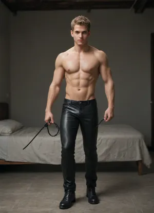 full body view, european white dominant boy, dominant boy, dom, standing in a dark bedroom, wearing tight black leather pants, black leather boots, naked chest, muscular chest, holding a bullwhip, mean face, short blonde hair, straight hair