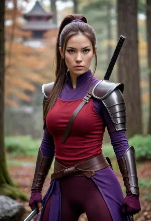 Taki, (female warrior), Japanese, (red bodysuit), (dark-purple armor pieces), ((brown hair in long flowing ponytail)), katana, serious expression, strong physique, lithe, fit, dark forest setting, spooky castle in the background, armored accents, purple sash belt, brown fingerless gloves