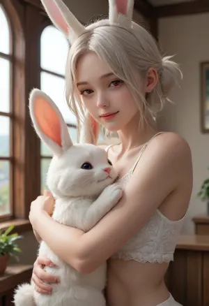 score_9, score_8_up, score_7_up, The image is an illustration of a young woman with long white hair and red eyes. She is wearing a white tank top and has a pair of bunny ears on her head. The woman is holding a white rabbit in her arms and is kissing it tenderly. The rabbit has its eyes closed and appears to be sleeping. The background is a room with a window and a plant. The overall mood of the image is peaceful and serene. dark_skin, rating, safe, white_hair, heart, animal_ears, 1girl, red_eyes, long_hair, parted_bangs, bunny_ears, hug, bare_shoulders, window, smile, half-closed_eyes, indoors, looking_at_viewer, one_eye_closed