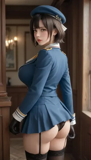 takao, (kancolle), 1girl, ascot, huge ass, back, beret, black gloves, black hair, black panties, black thighhighs, blue jacket, blue skirt, blush, breasts, garter straps, gloves, hat, jacket, huge breasts, long sleeves, looking at viewer, looking to the side, military, military uniform, open mouth, panties, red eyes, short hair, skirt, solo, thighhighs, underwear, wide hips