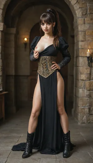 (1 woman:1.6), ((18-year-old brunette goth woman:1.6), (ponytail with bangs:1.6)), (firm breasts), shaved pussy, (posing, expression, horny, slutty, seductive), (medieval peasant outfit:1.6), (Medieval bedroom), sweaty skin, toned, full-length photo, 70mm lens, aesthetic, symmetrical, sharp, slim, athletic, long legs, muscular legs, chapagina high heels, textured skin, perfect body, over the knee boots, goosebumps, detailed, small waist, gold pattern on the dress, one breast visible, <lora:chest_adjust:1.8>, <lora:breasts_slider_v10:1.8>, <lora:289505_training_data:1>, <lora:HandFineTuning_XL:1.8>