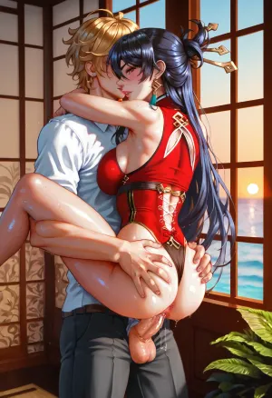 score_9, score_8_up, score_7_up, (Golden Hour Photography:1.5), 1girl, 1boy, (Beidou from Genshin Impact), slender, large breasts, narrow waist, bubble butt, clothes, parted lips, sex, standing_sex, suspended_congress, vagina, penis, luxury hotel room with ocean view, large sliding glass doors opening to balcony, white and turquoise decor, tropical plants, (sunrise:1.2), peaceful and breezy atmosphere, captured with Leica SL2 with Leica APO-Summicron-SL 50mm f/2 ASPH, sharp focus, 8K, UHD, clear image, extremely sharp, extremely detailed, extremely intricate detail, high res, ultra-high-definition, highly detailed, ultra-sharp textures, finely detailed, perfect skin texture, hyperrealistic lighting, professional photography, full dynamic range, deep contrast, high clarity, realistic depth of field, HDR, perfect exposure, smooth gradients, natural reflections, ultra-fine details, realistic skin pores, individual hair strands, soft shadows, color-graded