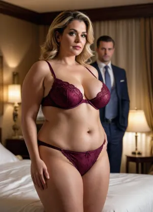 High resolution image of a MILF Chubby in luxurious lingerie, with a strong man dressed in a suit, in a hotel suite, looking glamorous and sophisticated