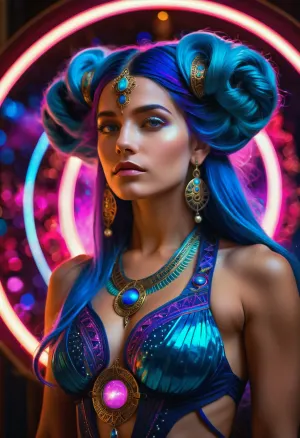(masterpiece:1.2), (photorealistic:1.1), a stunning close-up portrait of a, (divine, mythical goddess:1.3), with, (glowing, luminous blue hair:1.4), that seems to be made of cosmic energy, long flowing locks, ethereal, celestial. She has, (delicate facial features:1.1), (piercing sky-blue eyes:1.2), and, (full, sensuous lips:1.05), . She wears, (intricate, ornate golden jewelry:1.1), including a tiara-like headpiece and ornate earrings. Her attire is a, (form-fitting, armored gown:1.1), with cosmic patterns and glowing orbs. The background is a, (deep, dark cosmic void:1.2), illuminated by a, (vibrant, pulsating neon circle:1.3), of, (pink and purple light:1.2), creating an aura or halo behind her head, adorned with faint astrological or symbolic patterns. Scattered throughout the darkness are, (glowing blue and purple stardust particles:1.1), (tiny, sparkling nebulae:1.05), suggesting a deep space environment., (Dramatic, high-contrast lighting:1.2), with strong rim lighting outlining her form, casting, (soft, iridescent glows:1.1), on her skin and features. The scene is bathed in, (cool blue and hot pink neon light:1.3), creating a futuristic and mystical atmosphere., (sci-fi fantasy, cosmic opera:1.2), (digital painting, concept art:1.1), (smooth, sharp focus:1), (intricate details, octane render, unreal engine:1)