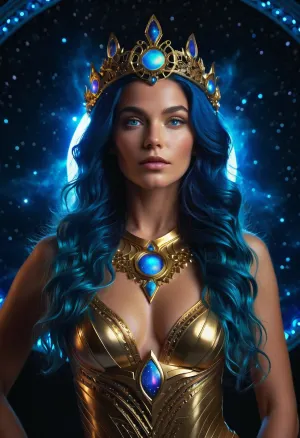 masterpiece, (best quality), (4k, 8k, ultra detailed, hyperrealistic), vibrant, detailed, intricate details, ((beautiful celestial woman)), goddess, cosmic, flowing wavy hair, ethereal, glowing skin, (deep blue eyes:1.1), (iridescent hair:1.2), ethereal glow, (glowing blue light:1.3), dynamic lighting, volumetric light, rim lighting, (magical aura:1.2), (celestial patterns:1.1), (glowing cosmic circle in background:1.3), astronomical backdrop, stars, constellations, cosmic dust, nebulae, (ornate golden headpiece), golden jewelry, intricate armor, futuristic fantasy, galactic theme, majestic, strong gaze, confident pose, (upper body shot), dark background, studio lighting, highly detailed face, defined facial features, perfect eyes, defined lips, soft shadows, sharp focus, octane render, unreal engine 5, digital painting, photorealism, deep depth of field