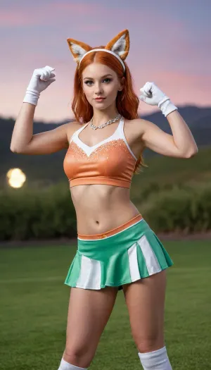 Low-angle shot of vulpine-cheerleader hybrid dominating frame. Central figure, (Freckled ginger in peach/rust/white cheer uniform. Key details:1), COSTUME, Micro-skirt revealing white briefs during high kick. Striped knee-highs, (white/peach/rust), . Faux-fox tail under skirt. 2, ACCESSORIES, Twin high ponytails. Gem-encrusted headband with peridot stones forming fox ears. 3, POSE, Mid-cheer motion kick, (one leg extended high), . Playful snarl exposing subtle fangs. Gloved hands as claw-silhouettes. 4, FACE, Mischievous expression. Amber vulpine eyes. Prominent freckle constellation. 5, (BACKGROUND:1), Foreground, Grass-textured artificial hills, Midground, Motion-blurred cheer squad, (4 figures), in matching uniforms, Sky, Overcast twilight 6, PERSPECTIVE, Extreme low angle emphasizing leg lines/briefs. Slight fisheye distortion radiating from center figure. 7, LIGHTING, Golden-hour rim light on hair/tail. Stadium floodlights from upper left casting dramatic skirt shadow. 8, STYLE, Hyperrealistic sports fantasy. 9, PALETTE, Peach gradient, fox rust, cheer white, peridot green, twilight mauve. 10, TEXTURES, Nylon sock sheen vs. gem refraction vs. artificial turf.