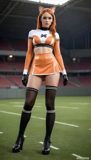 Low-angle shot on Canon 10mm f/1.2 lens. Central figure, (20yo freckled ginger in modern vulpine-cheer uniform. Key details:1), COSTUME, Micro-skirt, (black latex), revealing contemporary narrow-cut white briefs. Striped compression knee-highs, (matte peach/rust/white bands), . Articulated faux-fox tail under skirt. 2, ACCESSORIES, Twin high ponytails. Obsidian headband with peridot-encrusted fox ears. Claw-style leather gloves. 3, POSE, Wide-legged stance, (legs shoulder-width, no lift), hips cocked. One hand on hip, other making subtle claw gesture. Smirking expression with vulpine intensity. 4, FACE, Adult features, amber eyes, strategic freckles. 5, (COMPOSITION:1), Background, Shallow artificial turf hills, Midground, Four identical squad members, (2 left, 2 right), in motion blur, Camera, Ground-level emphasizing stance/perspective without distortion 6, (LIGHTING:1), Twilight stadium floods creating long skirt shadows, Rim light highlighting latex sheen 7, STYLE, Hyperrealistic neo-fetish sportswear. 8, (PALETTE:1), Dominant, Rust latex, compression-band peach, Accents, Peridot gems, obsidian black, brief white 9, (TEXTURES:1), Liquid latex reflectivity, Matte sock compression, Turf synthetic grain