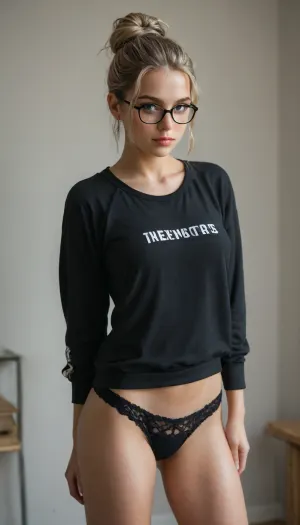 blonde woman, sexy, 35 years old, hair tied up in a mess, black plastic glasses, (like rayban), an oversized men's sports sweatshirt, lace panties, (tenga), standing, (sexy pose)