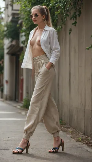 masterpiece, photorealistic, maximum details, an extremely beautiful young girl, natural saggy tits, very slim waist, long straight blonde hair tied to a ponytail, twerking, walking towards camera, ((wearing oversize baggy beige thin pants and white open shirt and round sunglasses, sandals with heels)), flashing tits in public, full body view from below