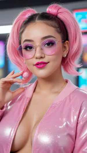 photorealistic, A vibrant, colorful realistic skin chubby woman with a trendy soft hairstyle, (e.g., space buns with dyed tips), confidently her mouth has a lollipop. She's playfully, shyly smiling and pointing directly at the viewer, with a cheeky, rebellious attitude. Her outfit is ultra-stylish — think Y2K streetwear with bold colors, layered accessories, oversized sunglasses on her head, glossy lips, and nail art. The background is a dreamy pastel gradient with sparkles and neon shapes. She radiates Gen Z energy, confidence, and fun. High detail, soft lighting, anime-inspired, full-body shot.--- Background is japan metro