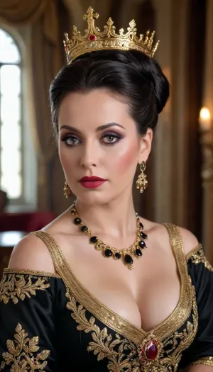 (4K UHD ultra-detailed RAW photo), high detailed, 8k, (photorealistic:1.7), 45 yo scared lady in palace, ((milf:1.4)), (wearing ancient rich dress with golden, Embroidery and crown), ((voluminous black updo bangs haircut)), ((makeup:1.5)), plump, skindentation, chubby, bbw, venus, body, big, breasts, ass, <lora:Chubby BBW - XL:.5>, <lora:add-detail-xl:.5>, <lora:580159_training_data:.5>