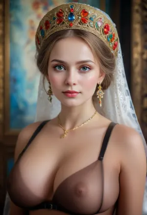 18 years old European super busty girl, flashing, trenchcoat, latex body harness, (enormous natural saggy tits), very hairy pussy, (slender waist), big hips, thick tighs, stockings, Bright brunette medium hair, busy street