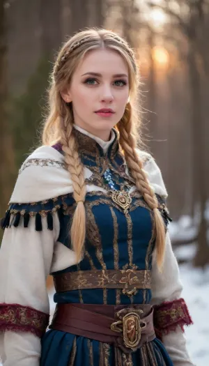 A fiercely proud Nordic girl stands, her presence exuding unwavering strength. Her blonde braids cascade down her back, framing a face marked by determination and resilience. This stunning portrait captures her piercing blue eyes, reflecting the icy landscapes of her homeland. The intricate details of her embroidered Viking armor and fur-lined cloak speak of her warrior spirit. This high-quality painting seamlessly combines power and grace, drawing the viewer into the captivating story of a fierce Nordic warrior princess. body manipulations, divine proportion, non-douche smile, gaze into the camera, holographic shimmer, whimsical lighting, enchanted ambiance, soft textures, imaginative artwork, ethereal glow, silent Luminescence, whispering Silent, iridescent Encounter, vibrant background, full body, (((rule of thirds))), high quality, high detail, high resolution, (bokeh:2), backlight, (long exposure:2)