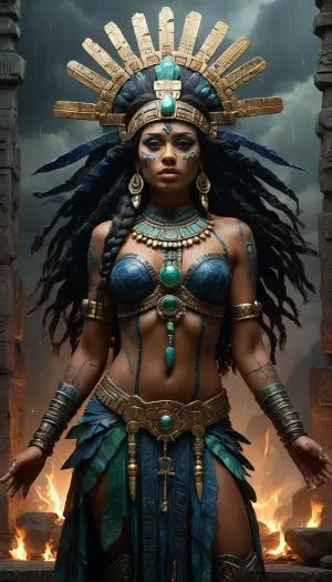 A young, dark-skinned Aztec priestess, approximately 25 years old, with piercing obsidian eyes and long, intricately braided black hair adorned with jade beads, performs a rain-summoning ritual under the inky black night sky. Her expression is one of fierce determination, bordering on ecstatic frenzy, as she brandishes a ritual obsidian knife, its polished surface reflecting the flickering torchlight. She is clad in a flowing, deep indigo huipil, richly embroidered with intricate gold thread depicting rain gods and swirling clouds, complemented by a jade-green, intricately woven skirt. Her bare feet are grounded on the cold, polished obsidian floor of a magnificent crystal temple. The temple’s walls shimmer with an ethereal, otherworldly glow, reflecting the moonlight and the flames of numerous torches casting dramatic, elongated shadows. The air crackles with palpable energy, as visible streaks of lightning illuminate the night sky above. The scene is rendered in a dramatic chiaroscuro style, reminiscent of German Expressionism and pre-Columbian art, emphasizing stark contrasts between light and shadow to heighten the dramatic tension and mystical atmosphere. A wide-angle shot captures the priestess in the center, the perspective slightly elevated to emphasize her power and dominance. The texture is smooth on the priestess' skin and clothing, contrasting with the rough, cold texture of the obsidian knife and the crystal temple. The overall mood is one of intense suspense and awe-inspiring mystery, portraying a powerful, ancient ritual in a vibrant and terrifyingly beautiful manner. The background features a stormy night sky, the distant mountains shrouded in mist, and the imposing, colossal structure of the crystal temple, emphasizing the scale and power of the ritual., style, of, Aztec, <lora:tbh264-sdxl:.8>, scarlem, scr1, <lora:scarlem:.8>