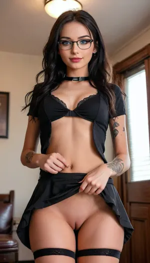 ((Close-up girl)), (((very skinny))), upper body, (((very petite young girl))), (((small snub nose))), (big blue eyes), ((thick black glasses)), super realistic photography, perfect lighting, (best shadow), 8K, UHD, clear image, (best lighting), highest quality, british cunt, no panties, super detailed images, shaved pussy, slim, athletic, fine details, high resolution, 8k wallpaper, wine chest, masterpiece, wide angle, the pussy is visible, ((blacked branded tshirt)), super detailed photography, (((very cute face))), very petite, very young, seductive white girl, (((18 years old))), ((smirk)), (((very long black hair))), (((shiny skin))), very young girl, long hair, ((black eyeliner)), ((black eyeshadow)), ((black lipstick)), sweat, ((garter belt)), (((Long nipples))), (((standing))), (((black miniskirt))), (((Flashing Tits))), (((queen of spades tattoo))), (((shirtlift))), skirtlift, <lora:MJ52:.7>, <lora:Realism_Lora_By_Stable_yogi_SDXL8.1:.4>, <lora:attractive_notrigger:.5>, <lora:Dollblush1:1.5>, <lora:skirtlift_xl:1.6>