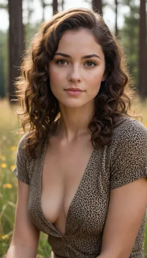 A young woman, about 28 years, with long, naturally curly dark brown hair, parted slightly to the side. She has an oval face, warm skin tone, high cheekbones, and big almond-shaped brown eyes. Her eyebrows are dark, naturally thick and gently arched. sexy, cute, freckles
photorealistic, natural light, cozy, sitting gracefully in a sunlit meadow filled with yellow wildflowers and tall grass. She is wearing a stylish, short-sleeved leopard print jumpsuit with a V-neckline, which fits her form elegantly. Her naturally curly dark brown hair is parted in the middle and falls behind her shoulders. The scene is bathed in warm natural light, creating a dreamy, golden-hour effect. Soft sunlight filters through the trees in the background, casting a gentle glow on her face. The woman gazes confidently and serenely into the camera, exuding calmness and poise. Tall pine trees and a bright sky complete the peaceful, nature-filled setting. The overall atmosphere is warm, natural, and fashion-forward.