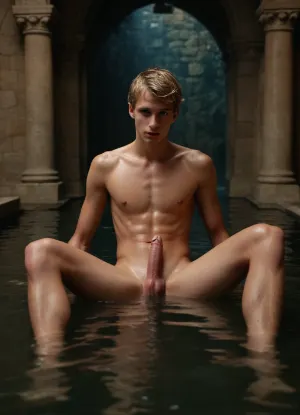 20yo old guy, dark blonde wet hair, tanned, skinny, taking a bath, laying in water, in a castle, (most of the body under water:1.4), (penis peeking out of water), laying, sensual, frothy water, full body view, detailed, focus on penis, best quality, masterpiece, intricate details, hyperrealistic, natural skin texture, castle, perfect hands, full view, <lora:xpenis-1.5e:.5>, <lora:botbodyxl:.8>
