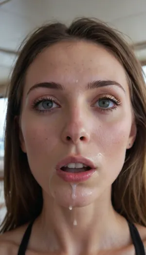 20 year old super skinny thin girl, very long hair, messy hair, brunette, (fully nude except for thin cum stained black yoga leggings), on yacht, face fucked hard, mouthful, deepthroat, dripping cum from mouth, view from below, underview, cum dripping to camera view, (cum in hair, cum on face, cum dangling from nose, cum in eyes), woman, cum, on, face, <lora:JustCum:.8>
