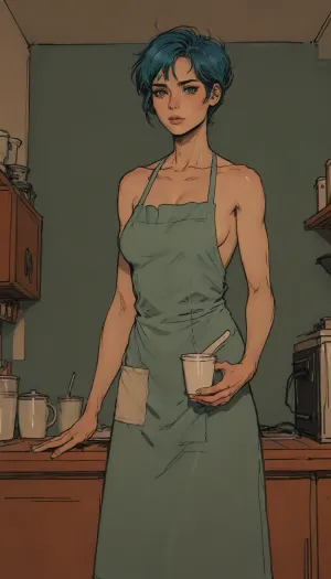 barista woman making espesso, (work apron), wearing only apron over naked body, glare on the skin, Holding a cup of coffee in his hands, view from the front, Source_anime, (A detailed pencil drawing with clean lines and meticulous shading, flat colors, line art, no gradients, blue and green palette), realistic anatomy, drawing have delicate shading and intricate details, lineart, <lora:Moebius (Jean Giraud) Style:1.1>, <lora:sketch_it:.8>, <lora:lineartSDXL:1.1>, <lora:ratatatat74-000050:1.1>
