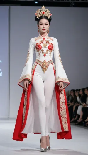 (fashion week, modern, white background, runway fashion show:1.4), (1girl, asian, tall 178 cm:1.3), Chinese traditional opera costume, (slender body, long legs:1.3), (peking opera clothes:1.3), (CHINESE opera actress, without makeup, less hair decoration:1.2), black hair, Chinese traditional hair style, (long legs:1.2), (white high heels shoes:1.2), chinese, peking, opera, fashion, show, podium, walks, posing