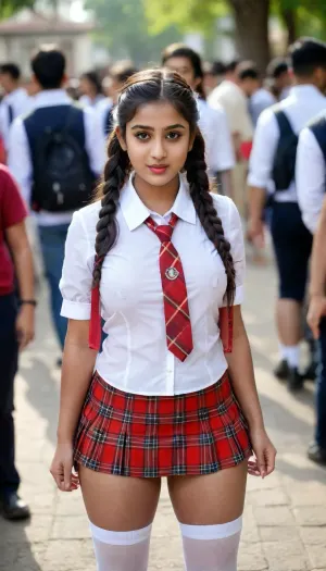 18 year old Indian Bengali sexy slut girl, enormous boobs, black colored puffy erected Pocking nipples, clean shaved naked pussy, thick thighs, thick fat puffy bimbo lips, horny eyes with maskara and eye shadows, sweating wet glistening shiny oil covered body, wearing a school girl dress, fully transparent white knotted shirt, tartan check red and black Micro mini narrowest tiniest pleated skirt, thigh length white stockings, black school shoes, bagpack, school badge on shirt, stribed school tie, two side braided hair, sucking lollipop, glossy shiny glistening lipstick, seductively looking, standing outside a crowded college gate, standing among the group of college boys glide_fashion, <lora:Glide_fashion_sdxl:.8>, full body portrait, show her shoes, among the crowd, backside view