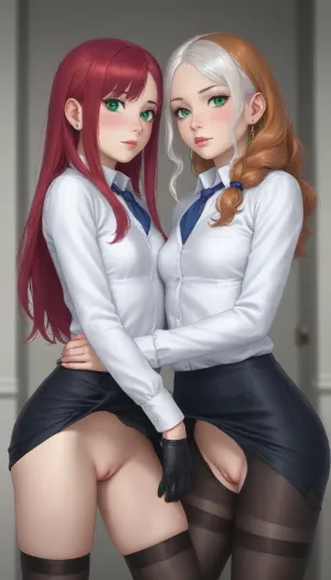 Two girls, lesbians.
The first girl's name is Katya, a beautiful 18 year old young girl, she has a young face, long red hair, green eyes, a young athletic body, very sexy, very long eyelashes, (tight pussy:1.5), (cute pussy:1.5), ((small pussy)), ((tight little ass)), small firm breasts, she is a virgin, very shy, Katya is naked in a skirt and without panties.
The second girl's name is Lisa, a beautiful 20 year old girl, long white hair, blue eyes, she is already experienced and very concerned, Lisa is dressed in a tight school shirt, without panties.
They are at school.
Lisa has Katya pinned to the wall and is masturbating her pussy.
General plan.