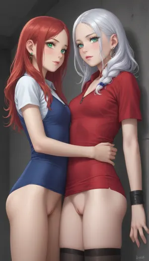 Two very young girls, lesbians.
The first girl's name is Katya, a beautiful 18 year old young girl, she has a young face, long red hair, green eyes, a young athletic body, very sexy, very long eyelashes, (tight pussy:1.5), (cute pussy:1.5), ((small pussy)), ((tight little ass)), small firm breasts, she is a virgin, very shy, Katya is naked in a skirt and without panties.
The second girl's name is Lisa, a beautiful 20 year old girl, long white hair, blue eyes, she is already experienced and very concerned, Lisa is dressed in a tight school shirt, without panties.
They are at school.
Katya is standing with her chest pressed against the wall, and Lisa is fucking her in the ass with a strap-on, lesbian sex with a strap-on.
General plan.