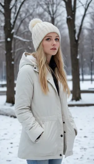 1girl, small breasts, blonde hair, low-tied long hair, blue eyes, looking away, worried, hands in pockets, white parka, white jeans, pom pom beanie, outdoors, winter, snow, park, city, snowing, (masterpiece, best quality, absurdres, highres, newest, very awa)