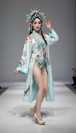 (fashion week, modern, white background, runway fashion show:1.4), (1girl, asian, long legs, tall girl 178 cm, dancing:1.3), Chinese traditional opera costume, (slender body, long legs:1.3), (peking opera clothes:1.3), (CHINESE opera actress, without makeup, less hair decoration:1.2), black hair, Chinese traditional hair style, (long legs:1.2), (white high heels shoes:1.2), chinese, peking, opera, show, podium, walks, posing, fashion, runw4y, <lora:MaybeBetterFaceInFullBodyLora_XL_rev3:1.2>, <lora:chinese_peking_opera:.7>, <lora:fashion_runw4y:1.8>, <lora:weird_runway:1.5>, <lora:Dance_Art:.9>