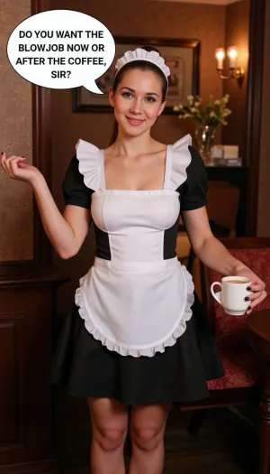 A petite french maid, wearing a maid uniform, serving a cup of coffee, speech bubble "DO YOU WANT THE BLOWJOB NOW OR AFTER THE COFFEE, SIR?", in an old fashioned gentlemen club.