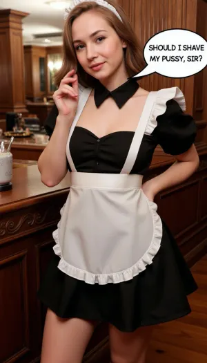 A petite french maid, wearing a maid uniform, speech bubble "SHOULD I SHAVE MY PUSSY, SIR?", in an old fashioned gentlemen club.