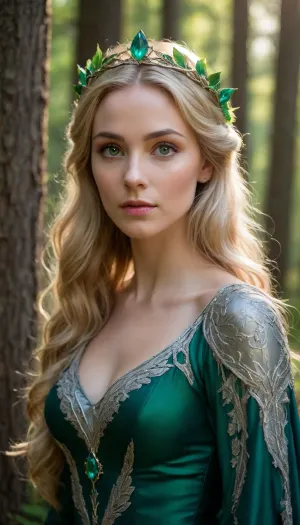 20000410.0, A breathtaking portrait of an elven princess nestled within an enchanted forest. Her wavy golden hair cascades down her shoulders, crowned with a delicate silver circlet adorned with an emerald gem. Her soft, ethereal gaze reflects the wisdom and harmony of the natural world. Dressed in an elegant flowing green gown, she appears as a guardian of the woodland realm, blending seamlessly with the vibrant foliage around her. Sunlight filters through the trees, casting a magical glow upon her…