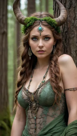 20000411.0, A mesmerizing forest priestess with piercing green eyes, standing amidst ancient pine trees. Her wild, cascading hair is adorned with intricate braids, beads, and charms, while two large, curved horns rise from her head like those of a forgotten deity. She wears layers of richly decorated fabrics and tribal jewelry, blending seamlessly with the natural world around her. Her enigmatic gaze seems to hold the secrets of the forest, making her an untamed goddess of the wilds