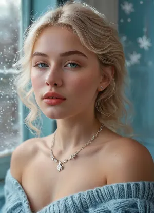 (masterpiece, best quality, ultra-detailed, photorealistic, HDR, cool Nordic window light), 18-year-old Swedish girl Agata, Stockholm, elongated pear-shaped face with narrow jaw, nearly translucent icy skin with soft frost-pink blush, prominent cheekbones, short narrow nose with flat tip, unique light-silver eyes with warm golden ring at the limbus, short plush low-set brows, (ultra-glossy, very short plump lips with visible asymmetry:1.5), lips tinted in cool pink gloss, quiet thoughtful smile, eyelids with pale silver and light taupe, short fuzzy lashes, fine brow and lash texture, long platinum blonde hair with a gentle wave, (tucked behind one ear:1.2), low rounded hairline, visible shoulders and upper chest in an off-shoulder pale blue angora sweater, fluffy texture softly draped above bust, silver snowflake necklace, cozy Scandinavian interior with candles, books, frosted window, correct anatomy, crisp cool color and exceptional detail, <lora:MJ52:1>, <lora:SDXLHighDetail_v6-000005:.8>, <lora:Microwaist_XL_v01:.8>