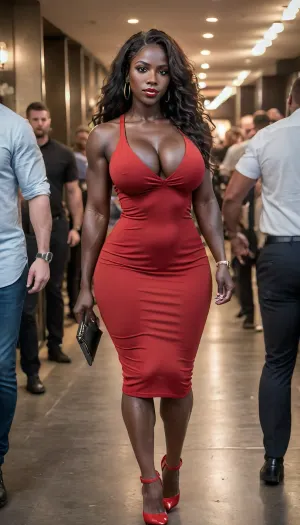 action shot of a, ((voluptuous)), black African American milf in a flirtatious pose, ((((obsidian skin:1.7)))), (sexual gaze:1.3), (((walking into a crowded nightclub for a raunchy party))), ((((full body view:1.7)))), (insanely hot face:1.4), (huge bolt-on tits and fit toned body:1.4), (tall:1.3), (wearing a baggy red cocktail dress with deep cleavage and carrying a matching clutch:1.5), (((fully clothed:1.4))), (thick thighs:1.4), powerful legs, (strong legs), (muscular thighs:1.4), ((muscular calves)), (((perfect abs:1.4))), flawless eyes, (masterpiece:1.5), long messy hair, (perfect hands:1.4), 4ng3l, face, <lora:uberfit_lora_sdxl:.6>, <lora:SDXL_BetterFaces-LoRA_v1:.8>